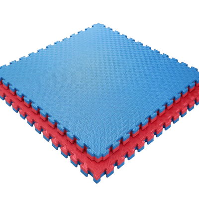 Blue and red foam puzzle mat on a white background